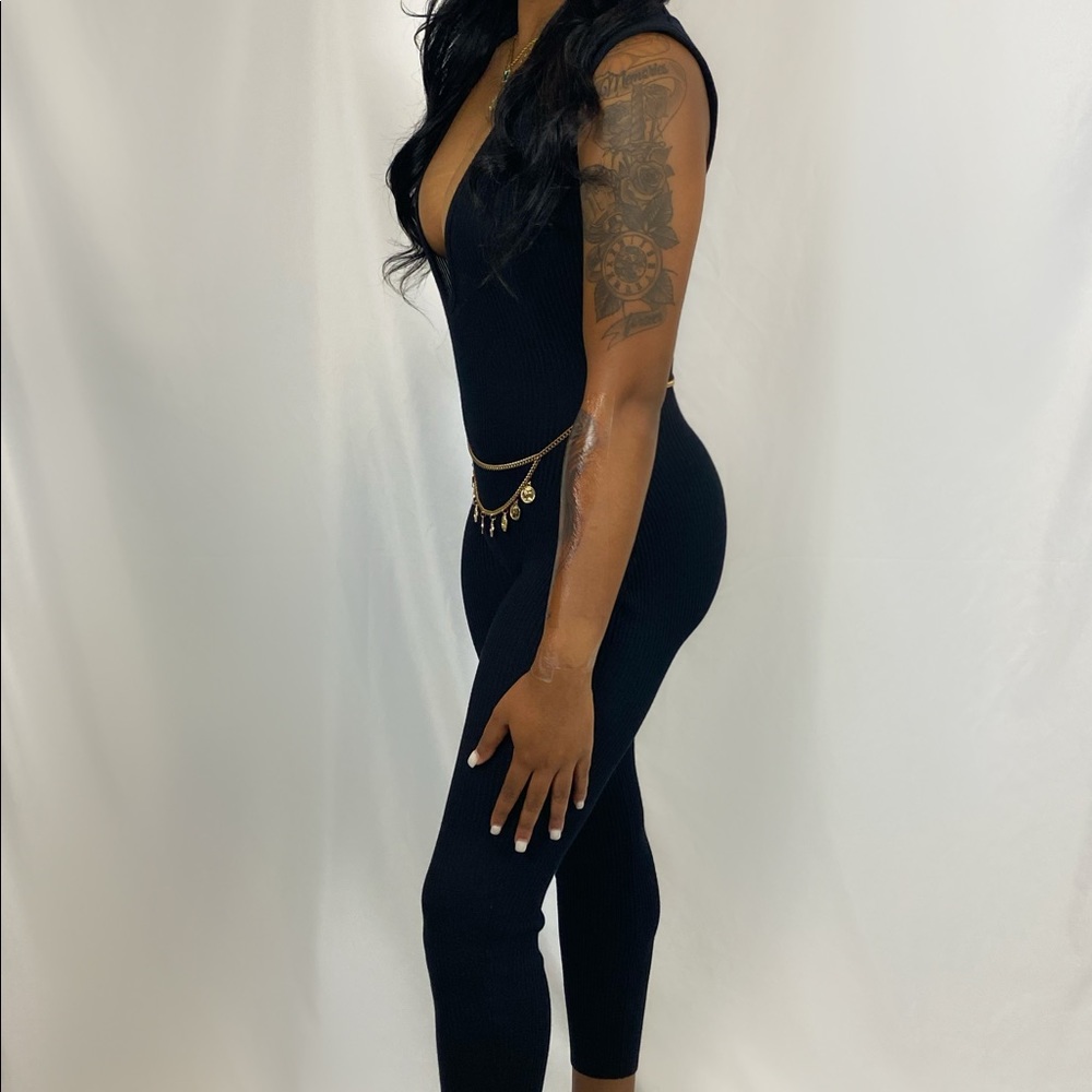 Black plunge cropped leg ribbed jumpsuit - Picture 2 of 4